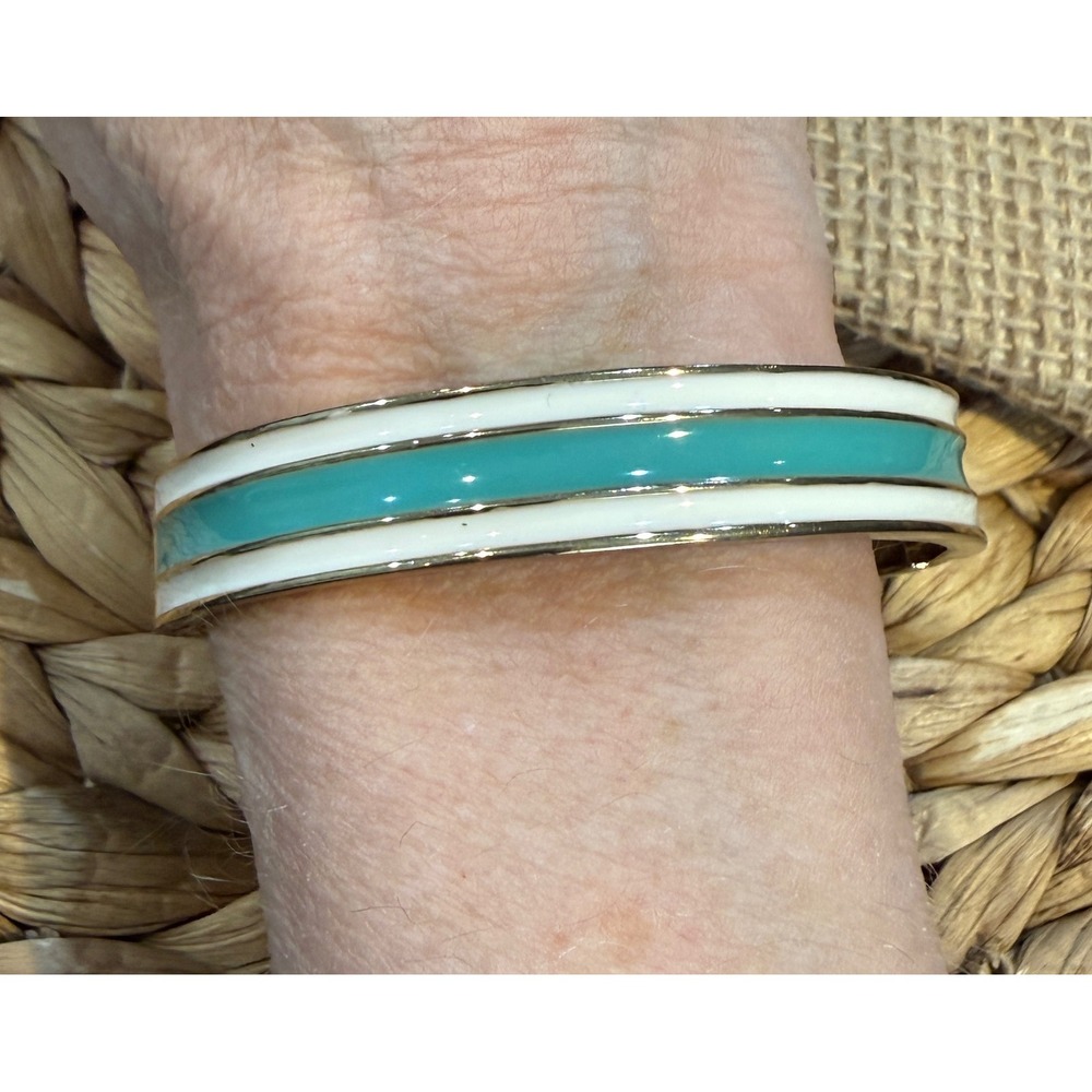Fornash Teal and White Enamel Hinged Bangle Bracelet Gold Tone Striped Preppy